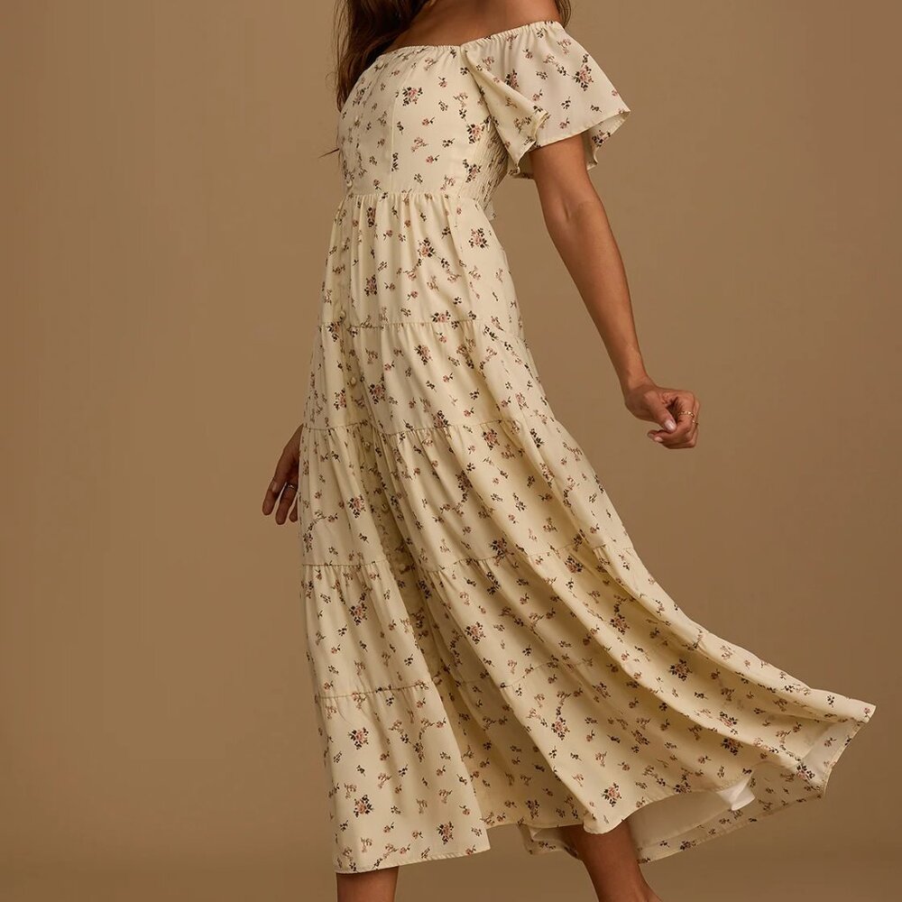 Lulu's Sweet Daydreamer Pale Yellow Floral Print Off-the-Shoulder Maxi Dress
